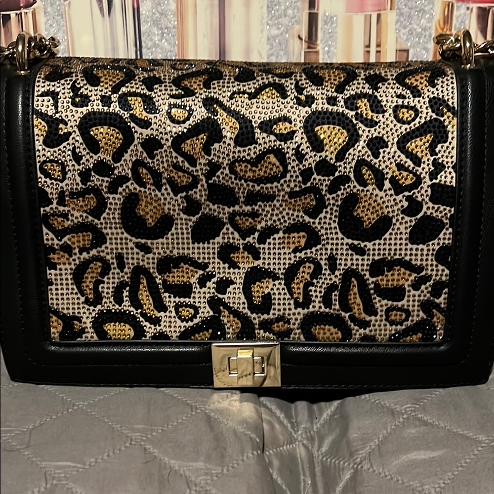 Leopard Print Black Leather Women's Bag